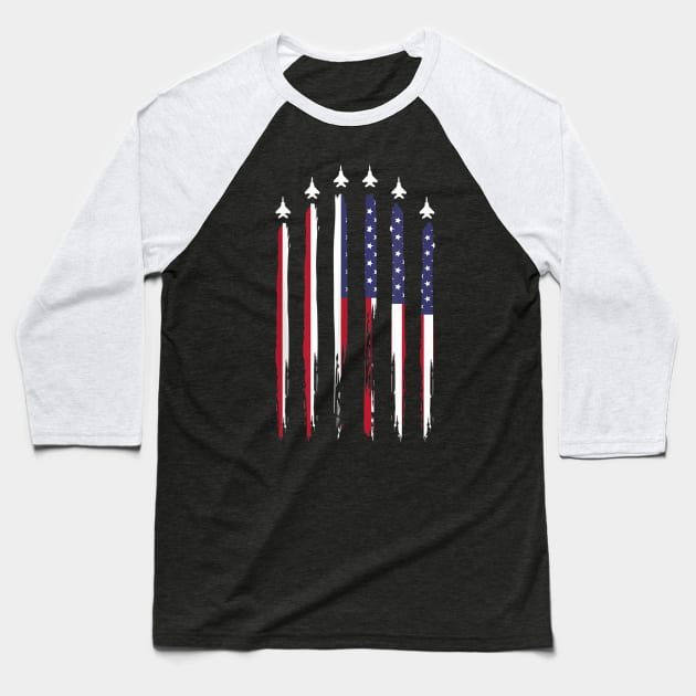 American Flag USA Airplane Jet Fighter 4th of July Patriotic Baseball T-Shirt by AMBER PETTY